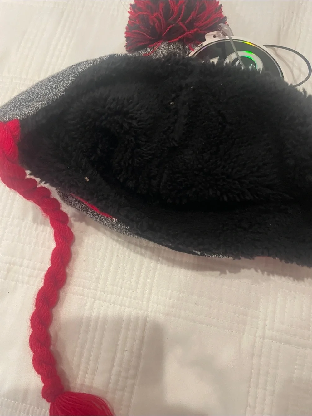 Nebraska Red, Black & Gray small adults Pom-Pom Earflap Hat (OL2)